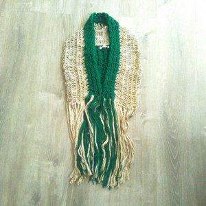 Beige and Forest Green Crochet Vest with Extra Long Fringes Boho Inspired